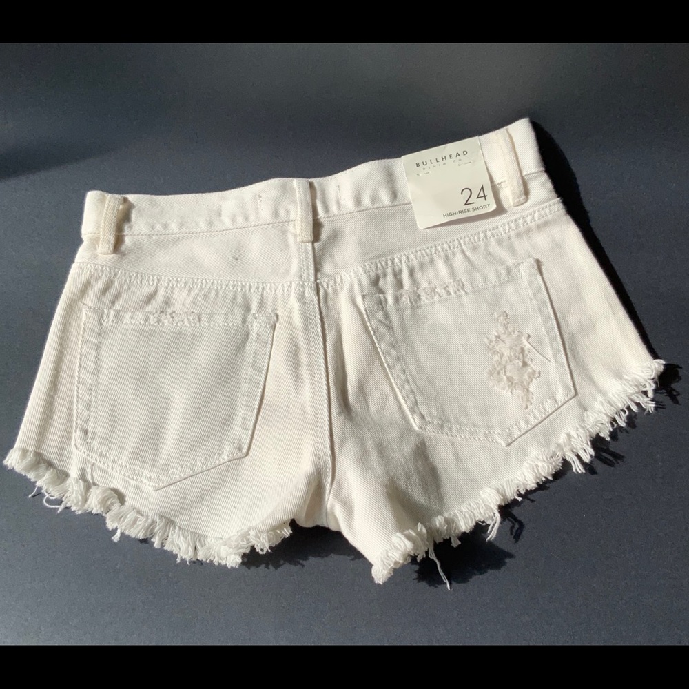 Bullhead High Rise Distressed Button Fly cut Off White Jean Shorts - Picture 3 of 4